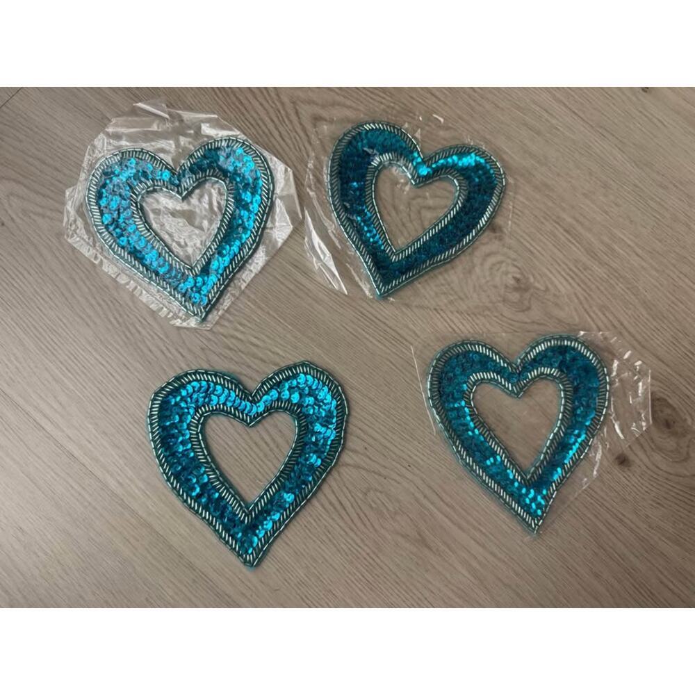 New Teal Blue Sequin Beaded Cut Out Heart Appliqué Patch 4.5” - Lot of 4